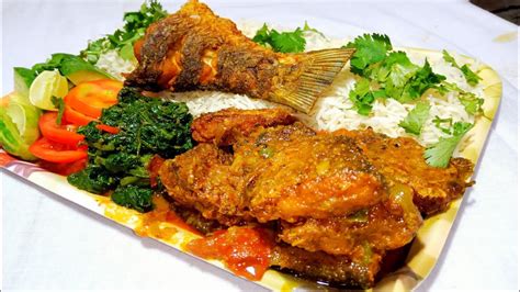 Rui fish fry, Boal fish spicy curry and Spinach with Basmati rice ...