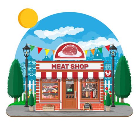 Meat Shop Cartoon Butcher Store Facade Building Illustrations, Royalty ...