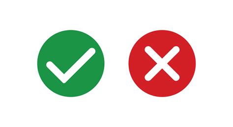 Checkmark icons set. Tick and cross sign. Green check mark and red X cross icon isolated on ...