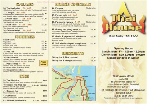 Menu at Thai House Takeaway restaurant, Port Macquarie