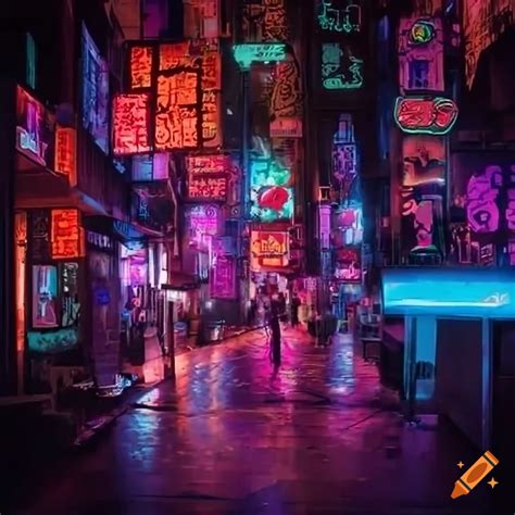 Cyberpunk street market with neon signs and robots on Craiyon