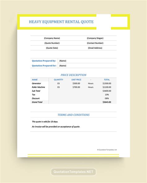 Heavy Equipment Rental Quote Template - YLW – Quote Templates