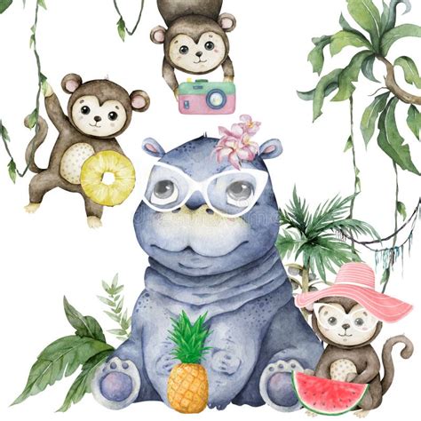 Cute Baby Hippo with Monkey Hand Drawn Adorable Watercolor African ...