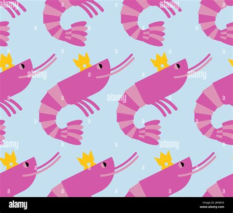 Royal shrimp in Crown of seamless background. Giant sea cancroid for eating. Vector pattern food ...