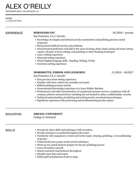 Jeweler Resume Samples | Velvet Jobs