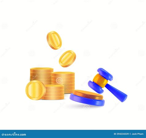 3d Auction Clipart Concept. 3d Rendered Auction Hammer with Stacks of Coins, Isolated on White ...