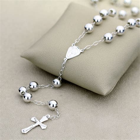 Women Sterling Silver Necklace Rosary Necklace 3mm, 4mm, 5mm, 6mm Bead Cross Pendant Rosary ...