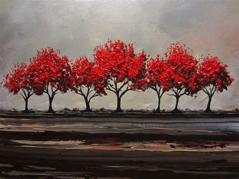 Original Red Trees Landscape Painting Autumn Fall Horizon | Fall tree ...