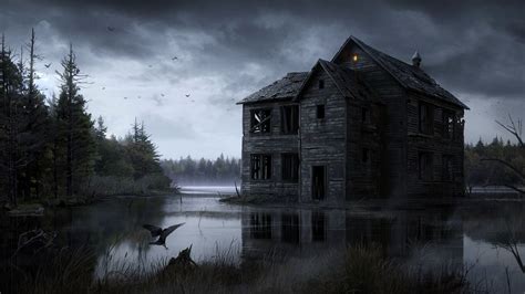 2560x1440 resolution | gray haunted house wallpaper, house, water, fantasy art, artwork HD ...