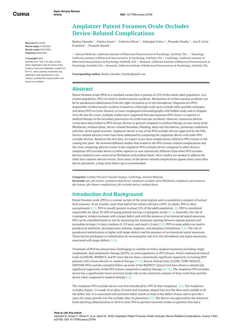 (PDF) Amplatzer Patent Foramen Ovale Occluder Device-Related Complications