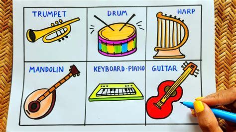 Musical Instruments Drawing | Easy drawing ideas for Drum, Guitar | World Music Day drawing easy ...