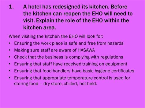 Questions Food Safety Act A hotel has redesigned its kitchen. Before the kitchen can reopen the ...