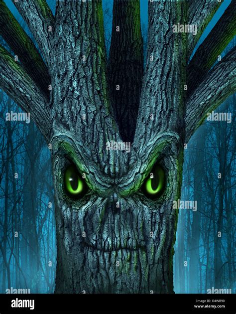 Haunted tree with a mythical dark forest and an evil plant shaped as a demon spirit skull face ...