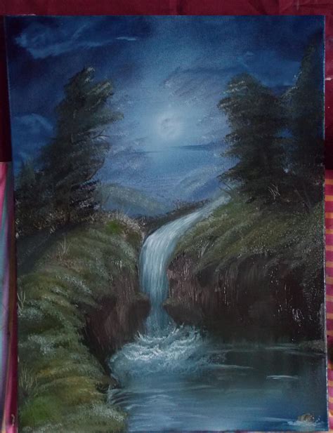 Waterfall at night, oil painting. by bambiepies on DeviantArt