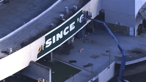 ‘Rooted in Oakland’ sign coming off the Coliseum – NBC Bay Area