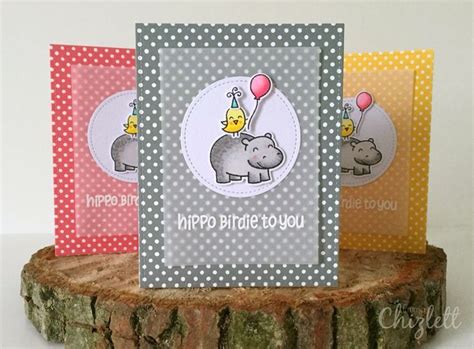 hand crafted brithday cards: Lawn Fawn hippo birdie to you ... luv the translucent vellum panel ...