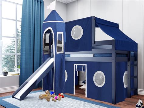 JACKPOT! Castle Low Loft Bed with Slide Blue & White Tent and Tower ...