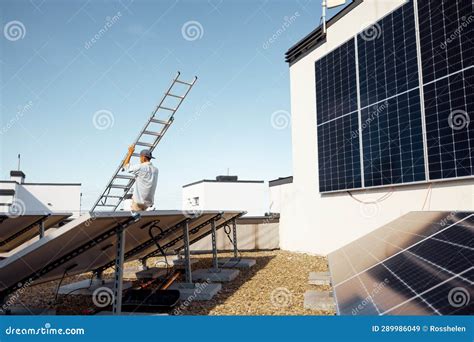 Man Carries Ladder during Solar Panels Installation Stock Image - Image of photovoltaic ...