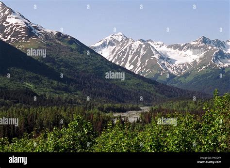 Gorgeous scenery through the Alaskan wilderness, from a train, in the ...