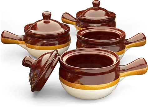 French Onion Soup Crock Bowls with Handles and Lid, 15 Ounce - Set of 4 ...