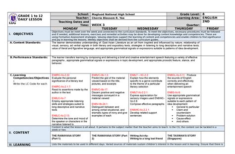 DAILY LESSON LOG ENGLISH EIGHT - GRADE 1 to 12 DAILY LESSON LOG School: Magtuod National High ...