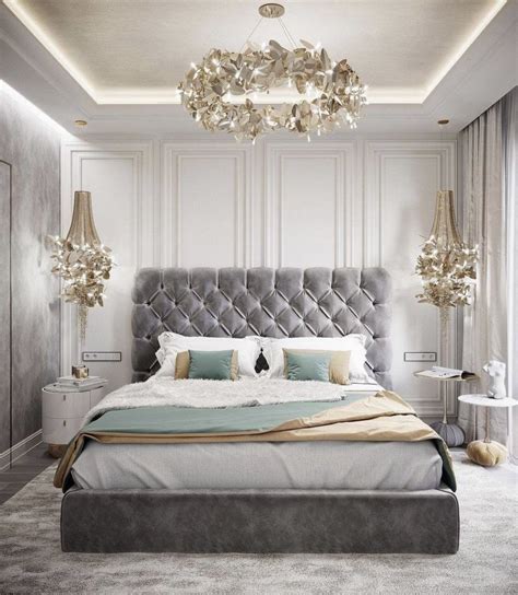 Gorgeous grey and gold glam bedroom decor with diamond tufted bed in ...