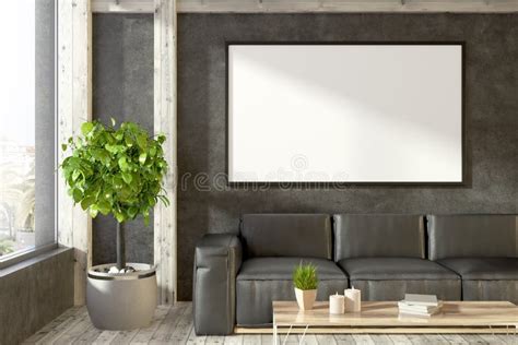 Leather Sofa in Black Living Room, Banner Stock Illustration - Illustration of couch, decor ...