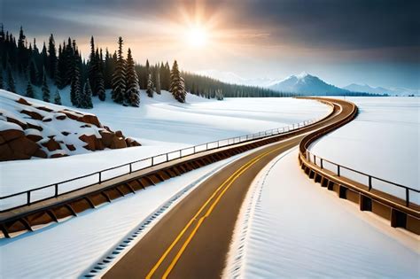 Premium AI Image | A road in the snow with a mountain in the background