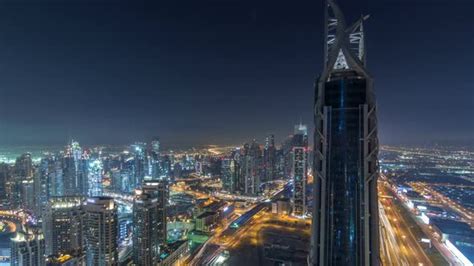 Dubai Downtown Night Timelapse Modern Towers Panoramic View From the ...