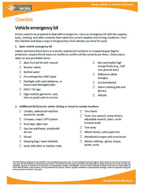 Vehicle Emergency Kit Checklist - Road Safety at Work