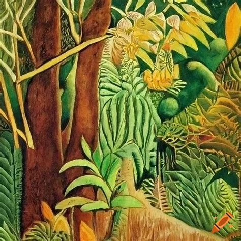 Art piece by henri rousseau of the huldufólk in lush foliage on Craiyon