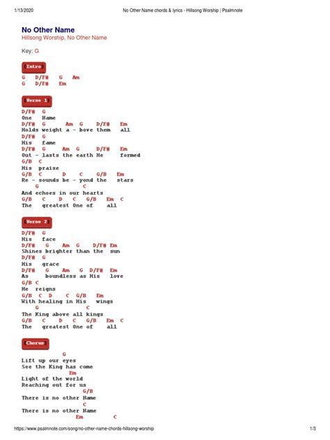 No Other Name Chords & Lyrics - Hillsong Worship - Psalmnote | PDF ...