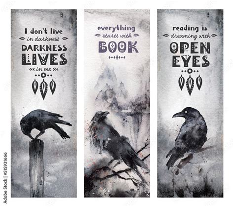 Black Raven - Bookmark for Horror book dark fantasy watercolor illustration. Ready to print ...