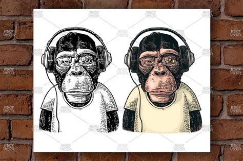 Monkey in headphones Engraving | Animal Illustrations ~ Creative Market