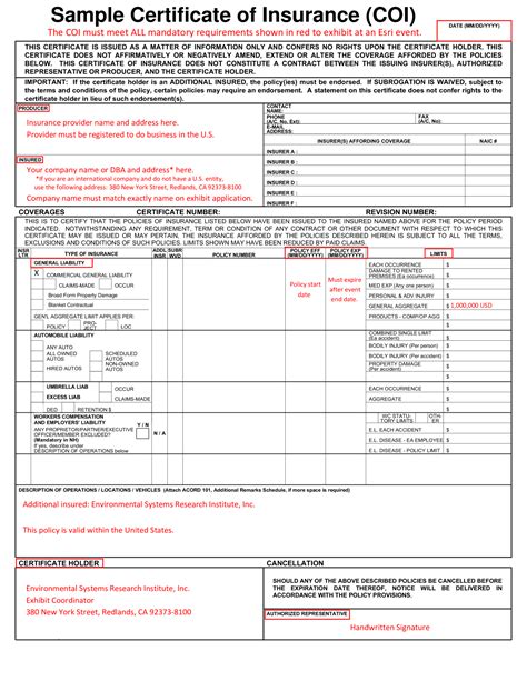 Sample Certificate Of Insurance (Coi) | Templates At throughout ...