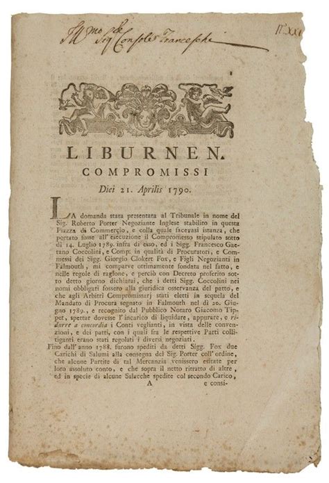 Lessi Bernardo : Liburnen. Compromissi Diei 21 aprilis 1790. - Asta Libri, Grafica - Libreria ...