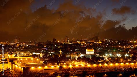 Jerusalem old city lights. Bright lights at night over Jerusalem old ...