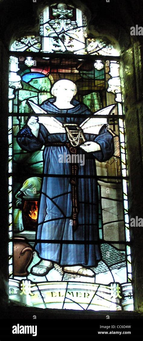 Stained glass window showing Eilmer, installed in Malmesbury Abbey Stock Photo - Alamy