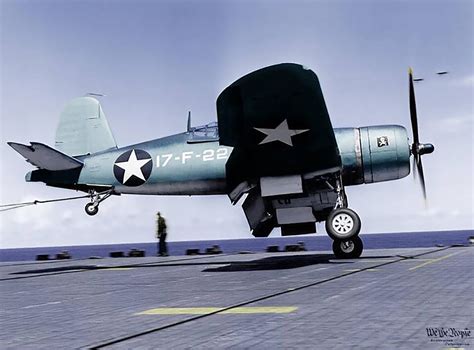 Asisbiz Vought F4U 1 Corsair VF-17 White 17F22 landing aboard CV 17 USS Bunker Hill 17th July ...