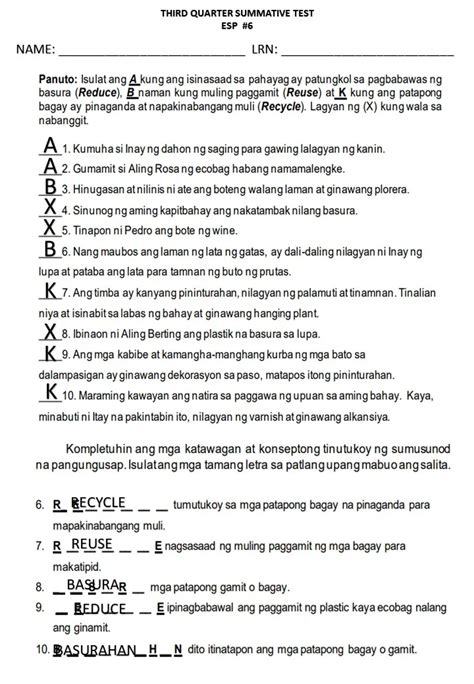 3RD QUARTER SUMMATIVE TEST IN ESP #6 Interactive Worksheet – Edform