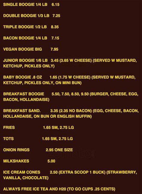 Boogie's Burgers and Brew Menu - Urbanspoon/Zomato