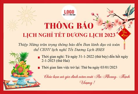 Thông báo lịch nghỉ tết 2023 mẫu hoa đào với logo