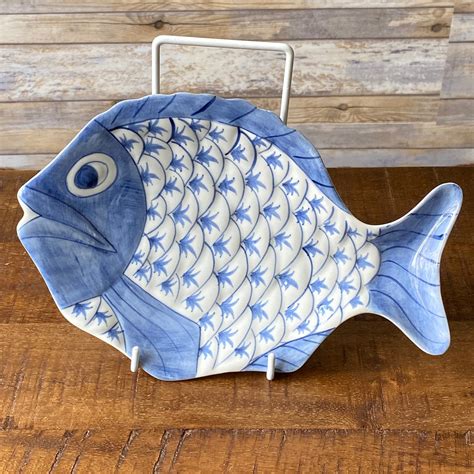 Vintage Ceramic Fish Plate Blue and White Hand Painted - Etsy