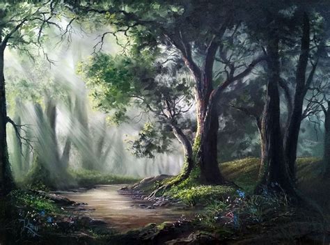 a painting of a forest scene with sunlight streaming through the trees