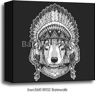 Wolf Dog Cool animal wearing native american indian headdress with feathers Boho chic style Hand ...
