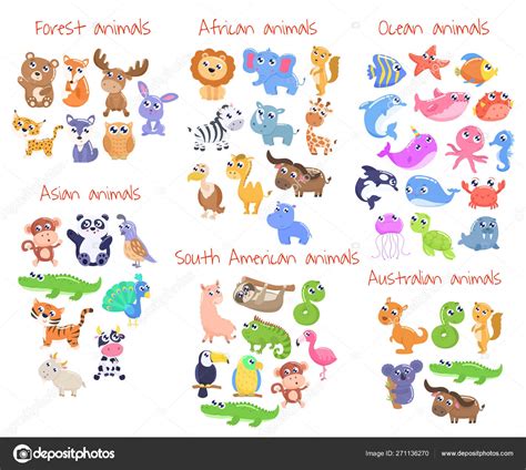 Illustration de Gros ensemble d'animaux de dessin animé mignons. Forêt, océan, australien ...