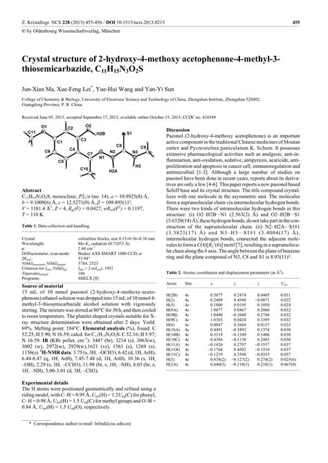 (PDF) Crystal structure of 2-hydroxy-4-methoxy acetophenone-4-methyl-3-thiosemicarbazide ...