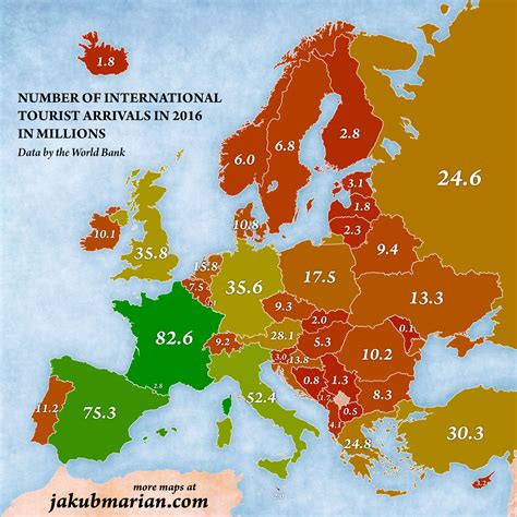 International tourist arrivals by country in Europe