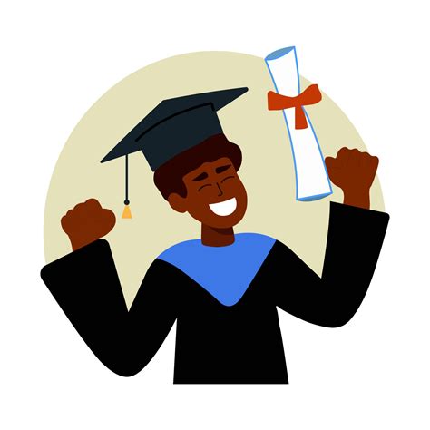 A cheerful black male graduate celebrates his graduation with a diploma and a graduate cap on ...