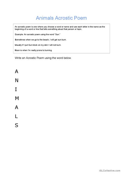 Animals Acrostic Poem: English ESL worksheets pdf & doc